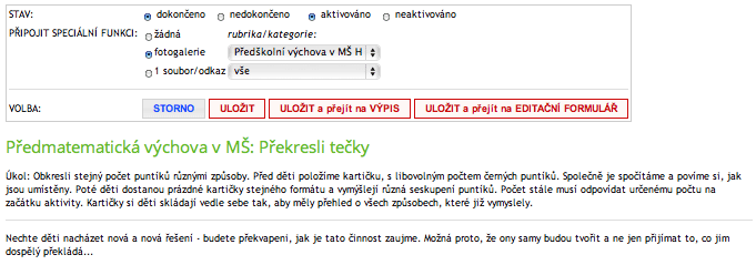dokončení a aktivace článku, připojení fotogalerie k hotovému článku