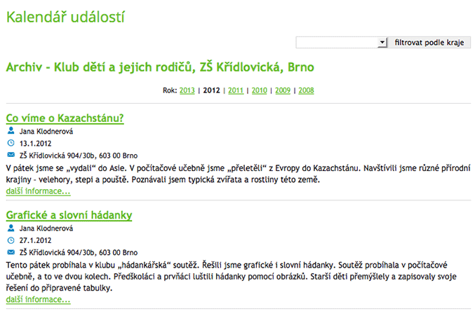 příklad výpisu archivních akcí, automaticky tříděný podle roků